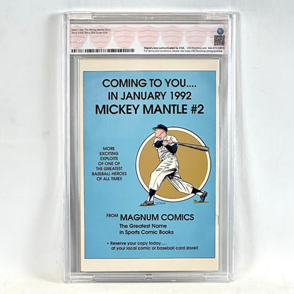 A graded comic card in a clear plastic protective case, featuring a light blue card with black text reading 'Coming to You.
