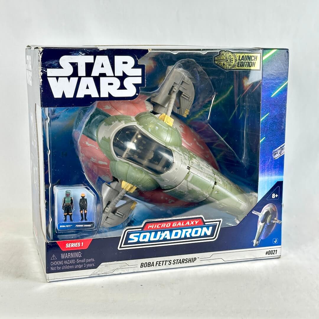 Star Wars Micro Galaxy Squadron Boba Fett's Starship toy in its original retail packaging.