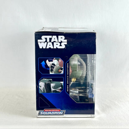Side view of packaging containing toy spaceship. 
