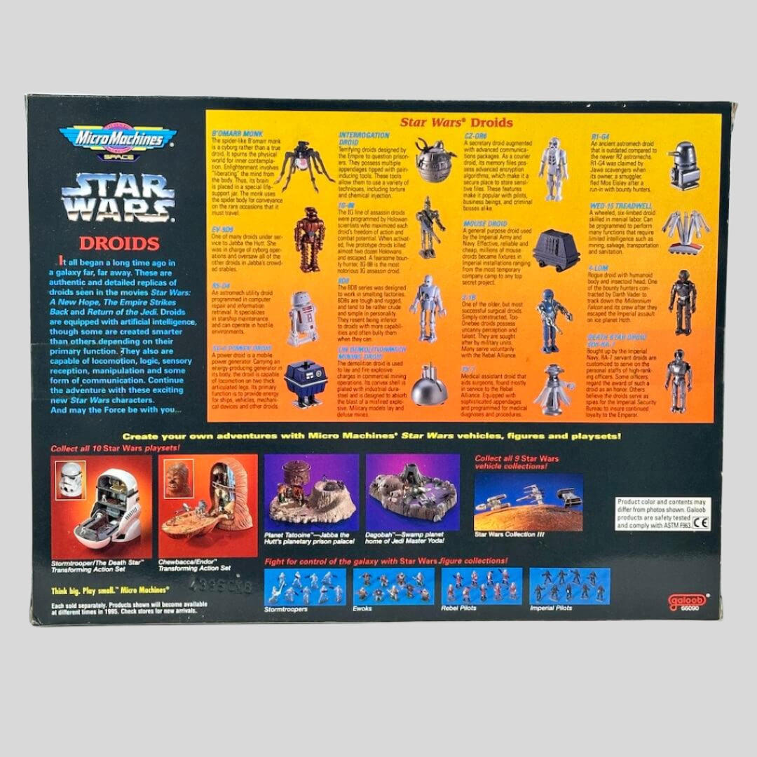 Back of a toy packaging for Star Wars Droids with illustrations and text.