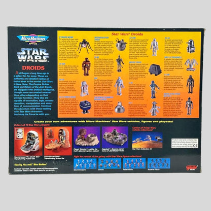 Back of a toy packaging for Star Wars Droids with illustrations and text.