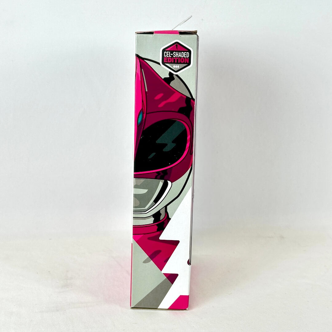 Side view of packaging with illustration of Pink Ranger, photographed on a white background. 