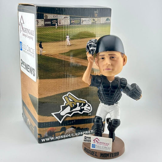 Baseball bobblehead figure in front of a themed packaging box