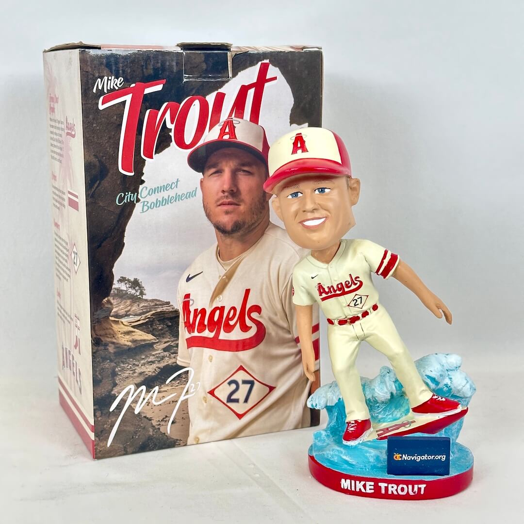 Mike Trout bobblehead figure displayed in front of its original packaging box. 