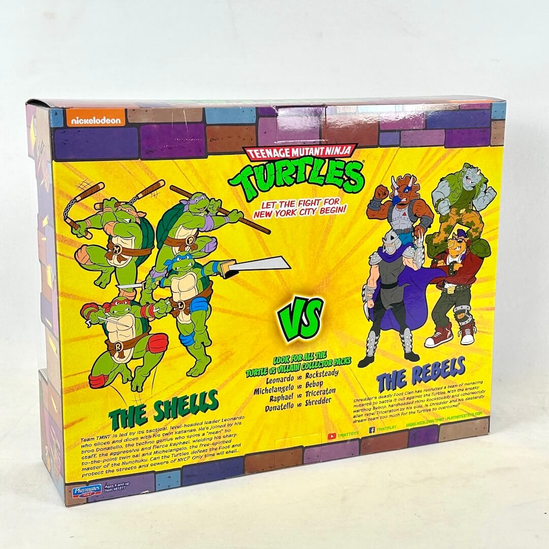 Teenage Mutant Ninja Turtles vs. The Rebels toy box set, featuring colorful illustrations & a bright yellow background.