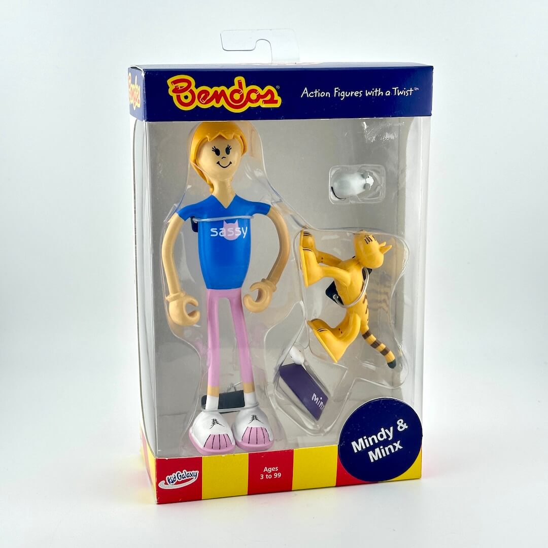 Bendos action figures in packaging with 'Mindy & Minx' on a white background