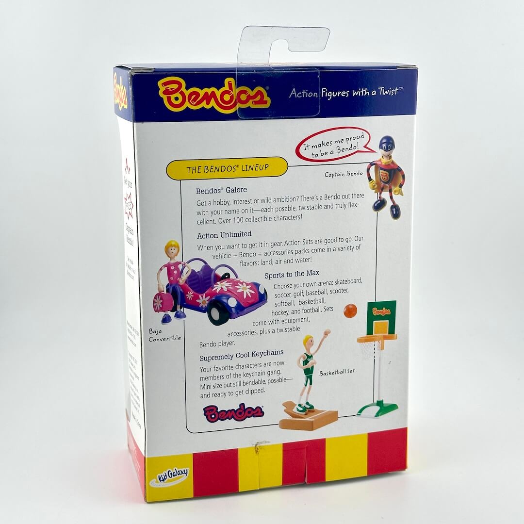 Bendos action figure packaging with colorful design and text on a white background