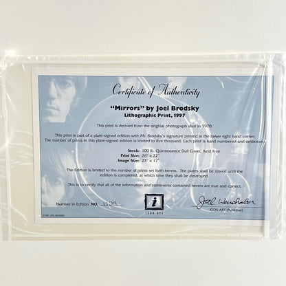 Certificate of Authenticity for 'Mirrors' by Joel Brodsky with artwork in the background.