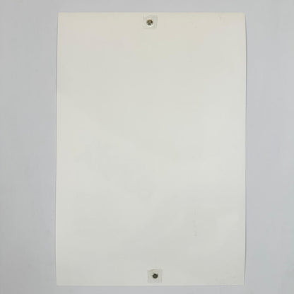 Backside of white poster in pristine condition against white background.