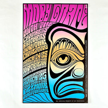 Moby Grape Fillmore concert poster from March 2-3, 1968. Psychedelic design featuring a totem-style eye motif in pink, yellow, and blue.