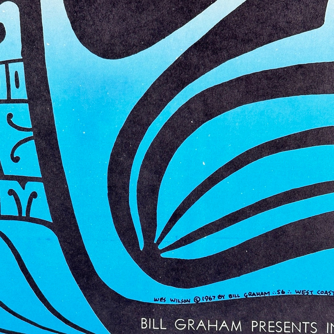 Moby Grape Fillmore concert poster from March 2-3, 1968, featuring psychedelic eye motif. Close up of Wes Wilson signature and Bill Graham Presents. 