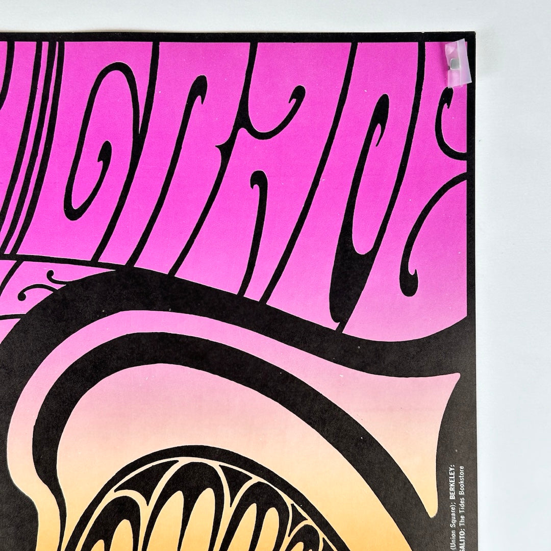 Close up of right side of Moby Grape Fillmore concert poster from March 2-3, 1968, featuring psychedelic eye motif. 