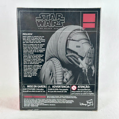 The back of a Star Wars The Black Series Moloch action figure box, showing the character artwork, & product description.