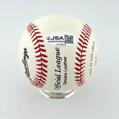 A Rawlings Official League baseball  featuring red stitching, a white leather surface, and a JSA Authentication sticker.