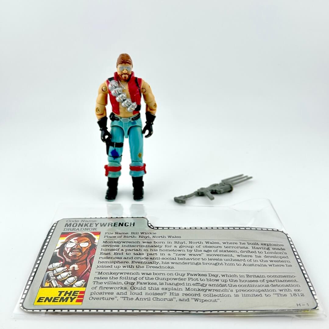Action figure with accessories and character card on a white background