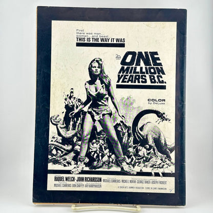 A vintage movie ad for 'One Million Years B.C. on back cover of magazine. 