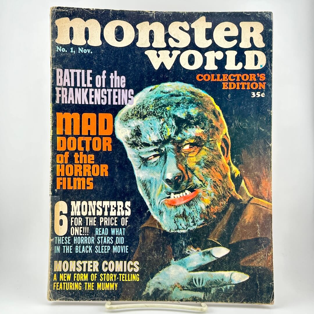 Vintage Monster World magazine cover featuring image of Wolfman and bold text describing contents. 