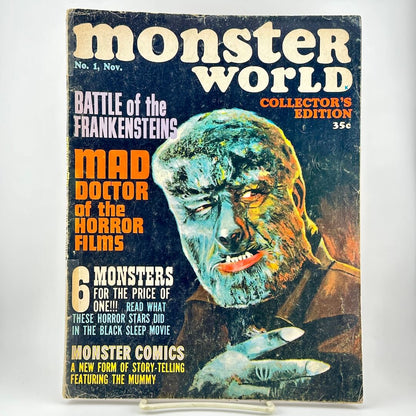 Vintage Monster World magazine cover featuring image of Wolfman and bold text describing contents. 