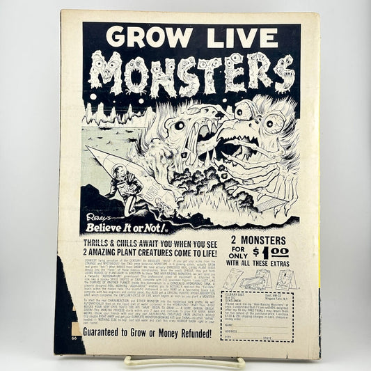 Vintage horror-themed ad reading 'GROW LIVE MONSTERS' with a black-and-white monster illustration and pricing text.