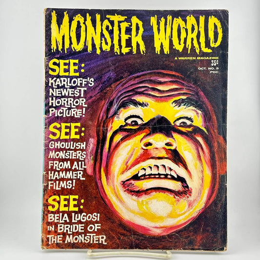 Vintage October 1965 issue of 'Monster World' Harmer Magazine, featuring a screaming monster face illustration on the cover with yellow title text.
