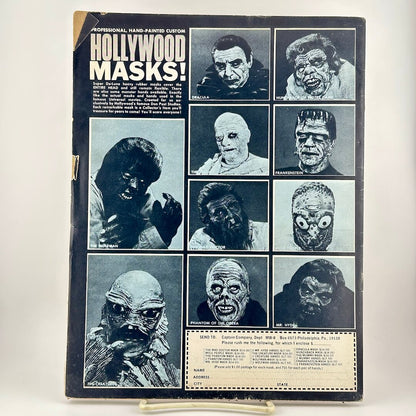 Back cover of magazine featuring an ad for classic Hollywood monster masks. 