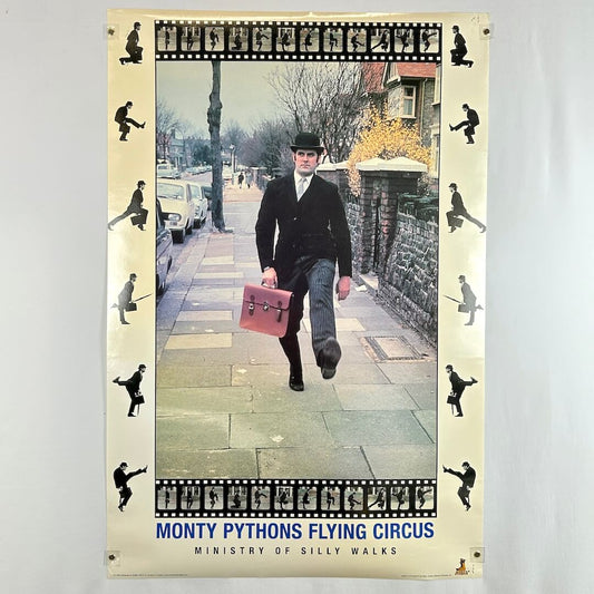 Poster of Monty Python's 'Ministry of Silly Walks' with a man walking down a street.