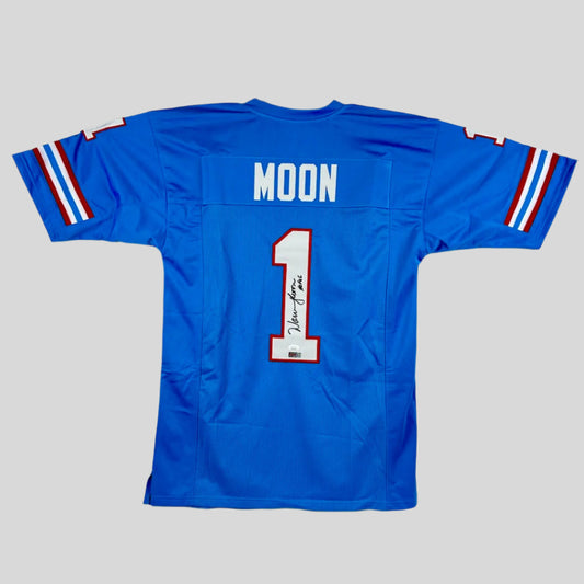 Blue sports jersey with 'MOON' and number '1' on a gray background