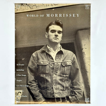 Poster of album cover of 'World of Morrissey' featuring a black and white photo of a person wearing a denim jacket.