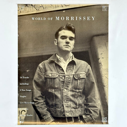 Poster of album cover of 'World of Morrissey' featuring a black and white photo of a person wearing a denim jacket.
