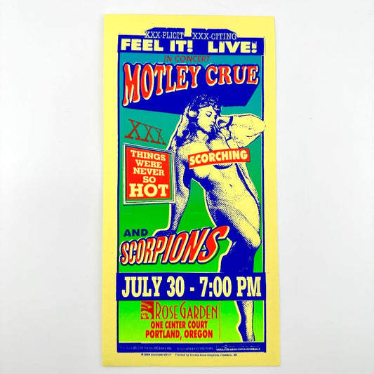 Vintage concert poster for Motley Crue and Scorpions with colorful design and text.