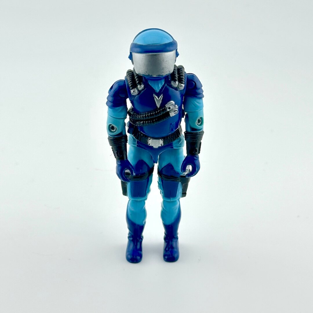 Blue and silver action figure on a white background
