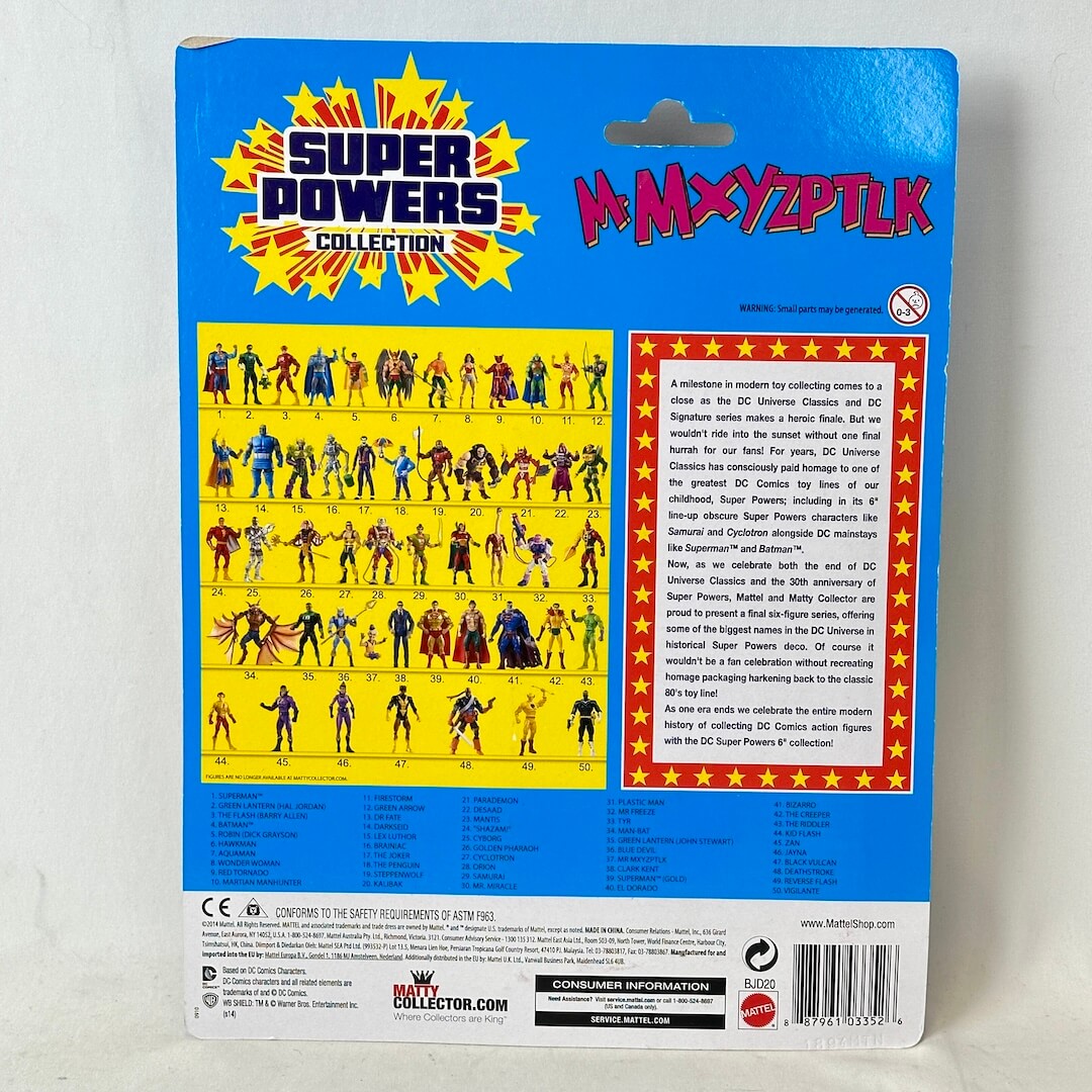 Super Powers Collection action figure packaging with character illustrations on a blue background