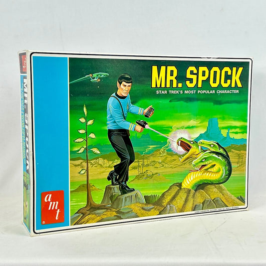 Model kit box for 'Mr. Spock' from Star Trek with a green alien landscape on a white background