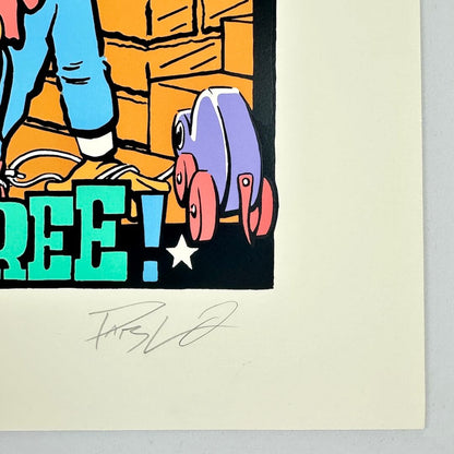 Bottom right corner of poster showing crisp corner and clean edges. Features artist signature