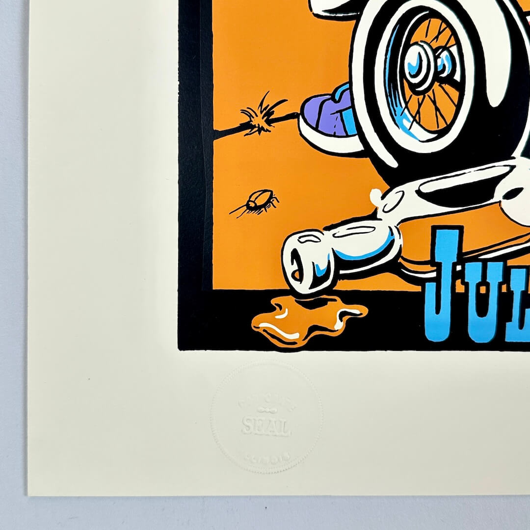 Bottom left corner of poster showing crisp corner and clean edges. Features artist embossed seal