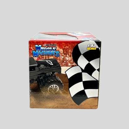 Box of Muscle Machines toy truck with checkered flag design on a white background