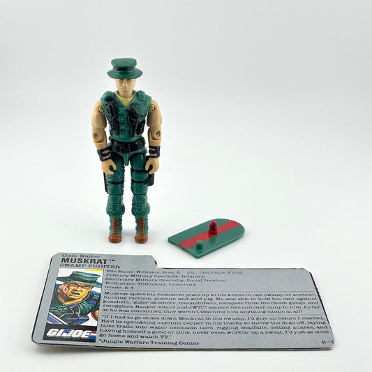 Toy figure with accessories & a card against a white background