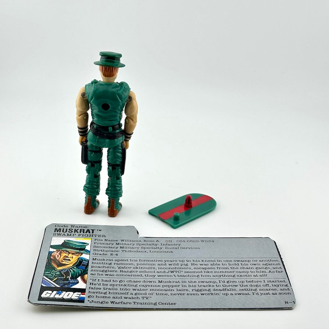 Toy figure with accessories and card on a white background