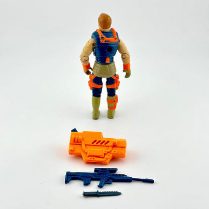GI Joe action figure in orange and navy blue with accessories on white background. 