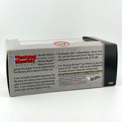 A Hot Wheels Mustang Monthly car set box from the back, showing product information and text panels. 