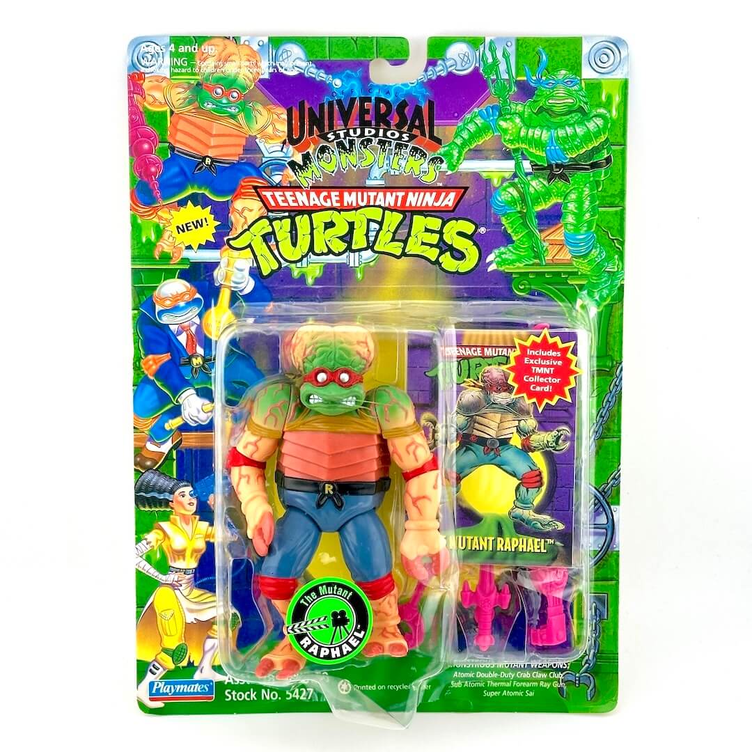 Toy figure of a Teenage Mutant Ninja Turtle in packaging with colorful background