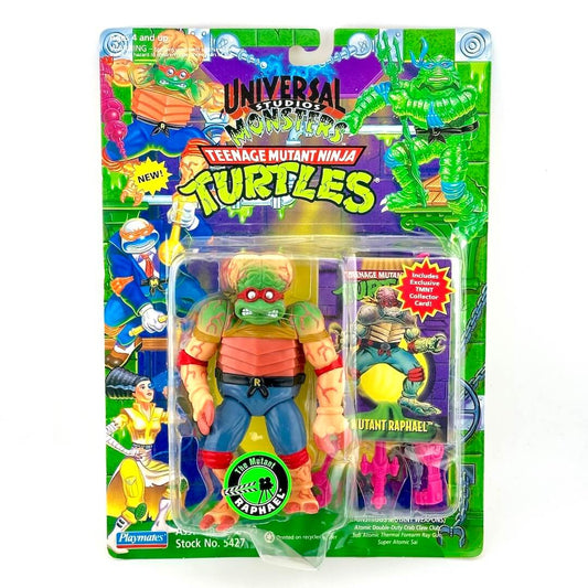 Toy figure of a Teenage Mutant Ninja Turtle in packaging with colorful background