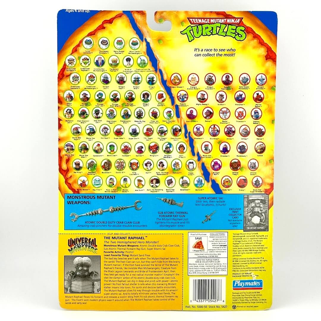 Vintage Teenage Mutant Ninja Turtles action figure packaging with character list and weapon illustrations.