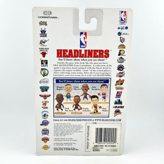 Back of a Corinthian Headliners action figure packaging with NBA branding and player images.