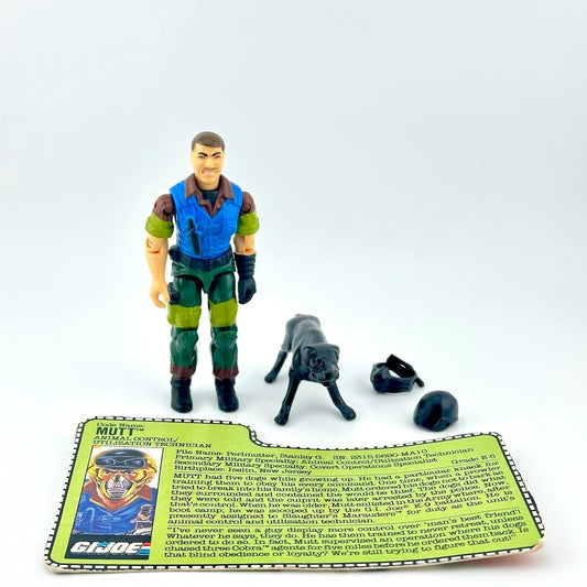 Action figure with accessories and character card against white background. 