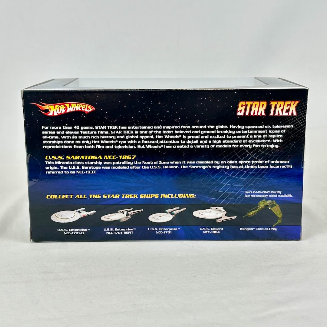 Back of a Hot Wheels Star Trek toy vehicle packaging with text and illustrations.