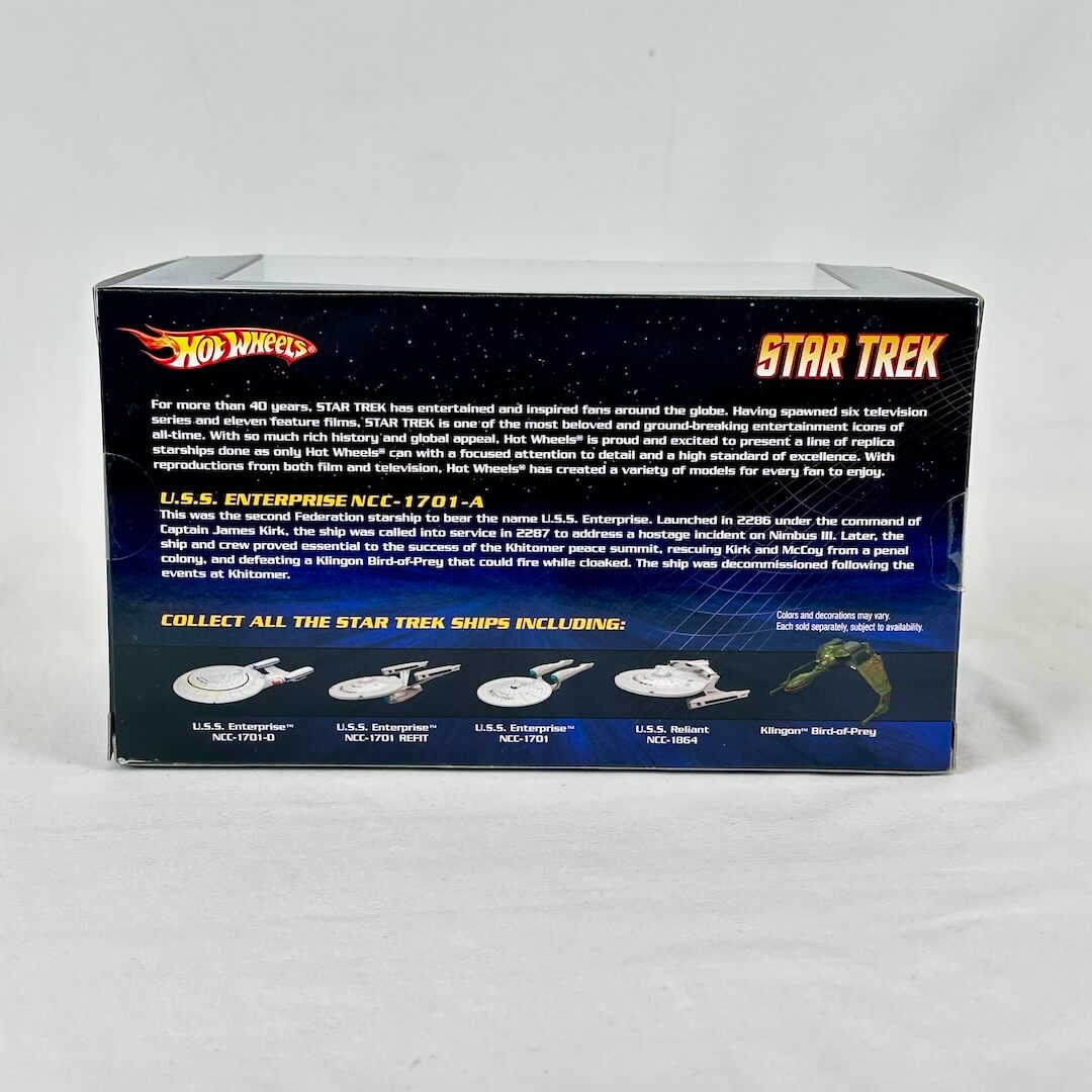 Back of a Hot Wheels Star Trek toy box with text and illustrations.