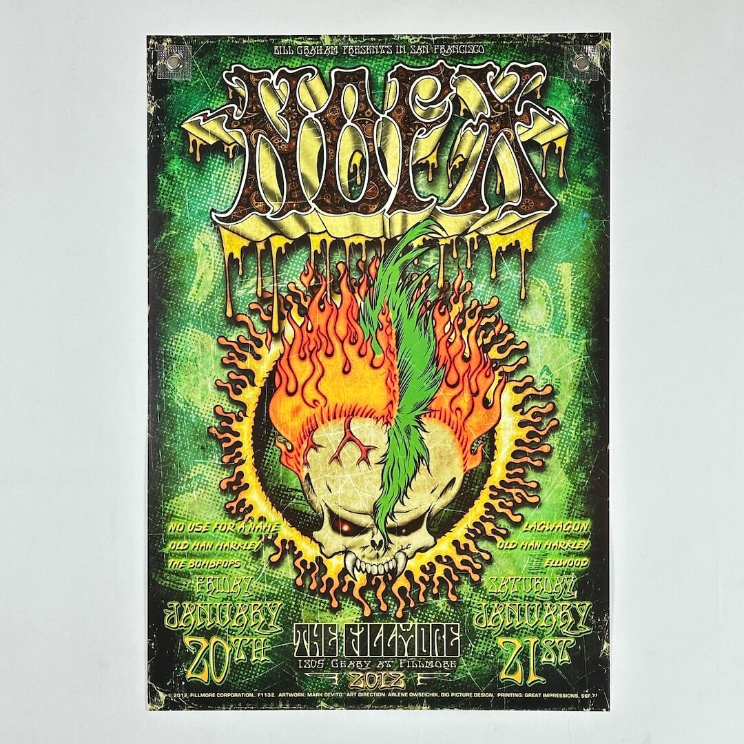 Vintage-style concert poster with a skull, flames, and text on a green background