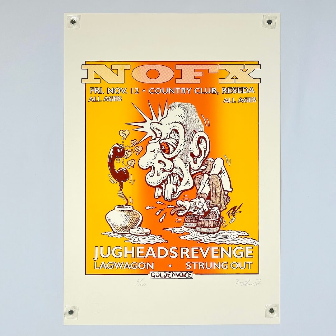 Promotional poster for a music event featuring 'NOFX' 'Jugheads Revenge' and 'Strung Out' on a yellow background.