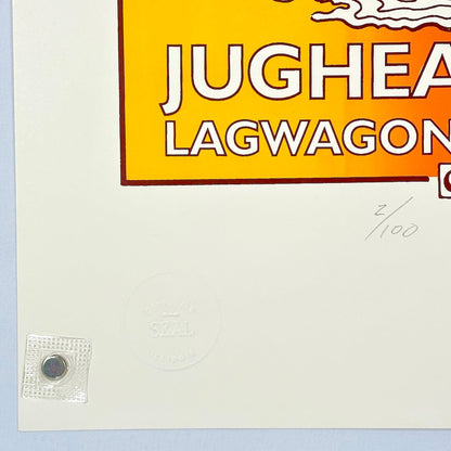 Bottom left corner of poster with crisp edges and corner. Features artist embossed seal. 